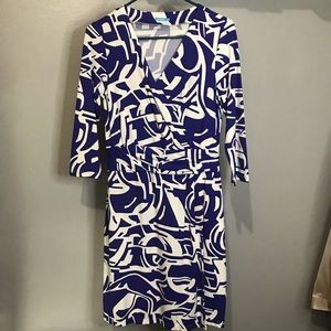 J. McLaughlin SZ S Purple Print Faux Wrap 3/4 Sleeve Catalina Cloth Dress